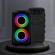 卡拉OK机，配备2个麦克风（1个无线，1个有线），成人便携式音箱，带LED灯的PA系统，支持MicroSD/USB、AUX输入和TWS真无线立体声，适合派对使用 - 黑色 - 查看 7