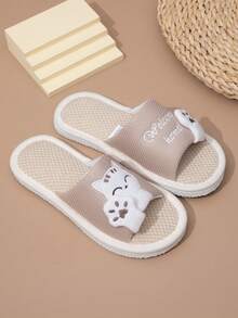 新款女士露趾亚麻拖鞋，卡通刺绣招财猫时尚可爱 EVA（乙烯-醋酸乙烯酯共聚物）动物刺绣拖鞋凉鞋，露趾舒适家居拖鞋 - 卡其色 - 查看 2