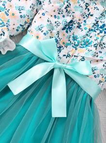 Young Girl Floral Print Mesh Long Sleeve Dress With Waist Belt