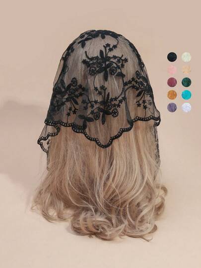 1 pieza Pañuelo triangular de mujer de unicolor con bordado floral y encaje, chal elegante, nueva moda de primavera/verano/otoño, protección solar transpirable para vestidos