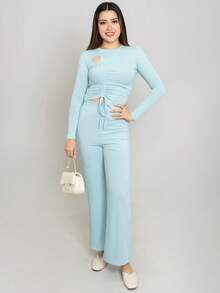 Conjunto ajustado de 2 piezas tela cómoda unicolor asimétrico casual de mujer de moda - Azul - Ver 4