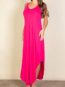 Women's Elegant Sleeveless V-Neck Knitted Fabric Long Dress With Asymmetrical Hem And Split Thigh Casual Loose Fit - 紫紅色 - 查看 3