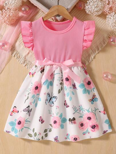 Young Girl New Summer Cute Floral And Butterfly Printed Casual Dress With Flutter Sleeves