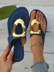 女士豹纹印花一脚蹬人字拖，金属扣装饰舒适平底沙滩凉鞋 - 牛仔藍 - 查看 4
