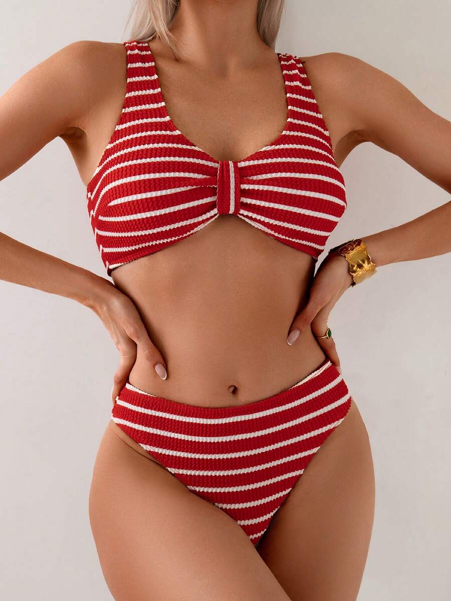 Women's Sexy Red & White Stripe Bikini Set - Multicolor - View 1