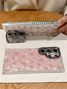 Spring INS Sweet Pink Floral Butterfly Aurora Gradient Shell Pattern Phone Case Compatible With Samsung Galaxy S25 S24 Ultra Plus S23Ultra S25Ultra Luxury Shiny Glitter Camera Lens Bracket Protect Hard Back Cover - Hồng - Xem 3