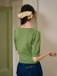 Simple Retro Spring - Summer Fitted Knit Cardigan With V - Neck, Floral Embroidery And Puff Sleeves - Green - View 8