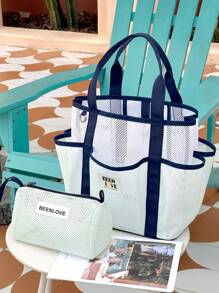 1Pc/Set Macaron Colors Mesh Beach Tote Bag Set With Phone Pocket, Nylon Casual Transparent Toiletry Bag Set With Zipper, Large Capacity Lightweight Storage Bag, Oversized Sandproof Swim Tote, Portable Reusable Summer Tote Bag With Hanging Handle, S/L Wash Bag Gift For New Semester, Spring/Early Summer, Anniversary, Vacation, Daily Use, Holiday, Mother's Day Gift, New Style In 2025.
