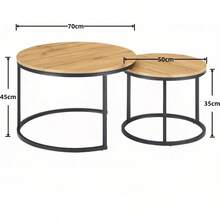 Soayone Couchtisch 2er Set Moderne Couchtische mit Schwarz Metalestell Couchtisch Eiche Couchtisch Rund Schwarz Living Room Table Kaffeetisch Wohnzimmertisch Holz 70x70x45 and 50x50x35 cm - Eichenarbe&Schwarzer1 - Übersicht 3
