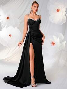 ADYCE Rhinestone Strap Ruched High Waist Long Slit Open Back Tie Ball Gown Formal Evening Dress, Party Dress, For Wedding Guest - Black - View 5