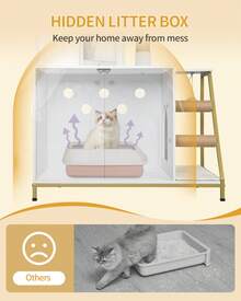 HaluPeit Cat Litter Box Enclosure With Cat Tree, 4-In-1 Modern Cat House With Large Platform, Cat Condo With Sisal Scratching Mat, Posts, Stairs And Pompom, Washable Cushions, White And Gold - White - View 4