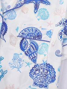 HOREA 2pcs Sets Summer Ocean Style Starfish Shell Print Women Pajama Sets, Short Sleeve Lapel Top And Loose Elastic Shorts, Casual Sleepwear And Spring Homewear Outfits, Cool Light Blue - 藍色 - 查看 7