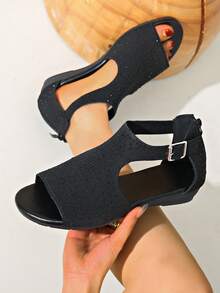 Girl's Retro Rhinestone Roman Sandals, Summer One-Buckle Soft Bottom Round Toe Platform Beach Slippers - Black - View 7