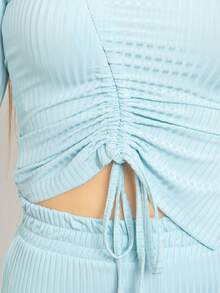 Conjunto ajustado de 2 piezas tela cómoda unicolor asimétrico casual de mujer de moda - Azul - Ver 6