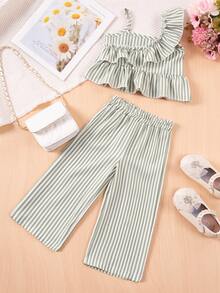 2pcs Girls Striped Ruffle Trim Short Sleeve Top And Wide Leg Pants Set, Summer - Green - View 2