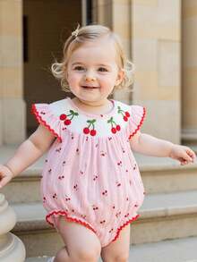 Baby Girls Rompers Cherry Embroidery Round Neck Fly Sleeve Infant Fashion Bodysuits Jumpsuits - Pink - View 2