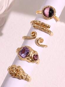 5 件套彩色宝石几何银戒指首饰套装女士