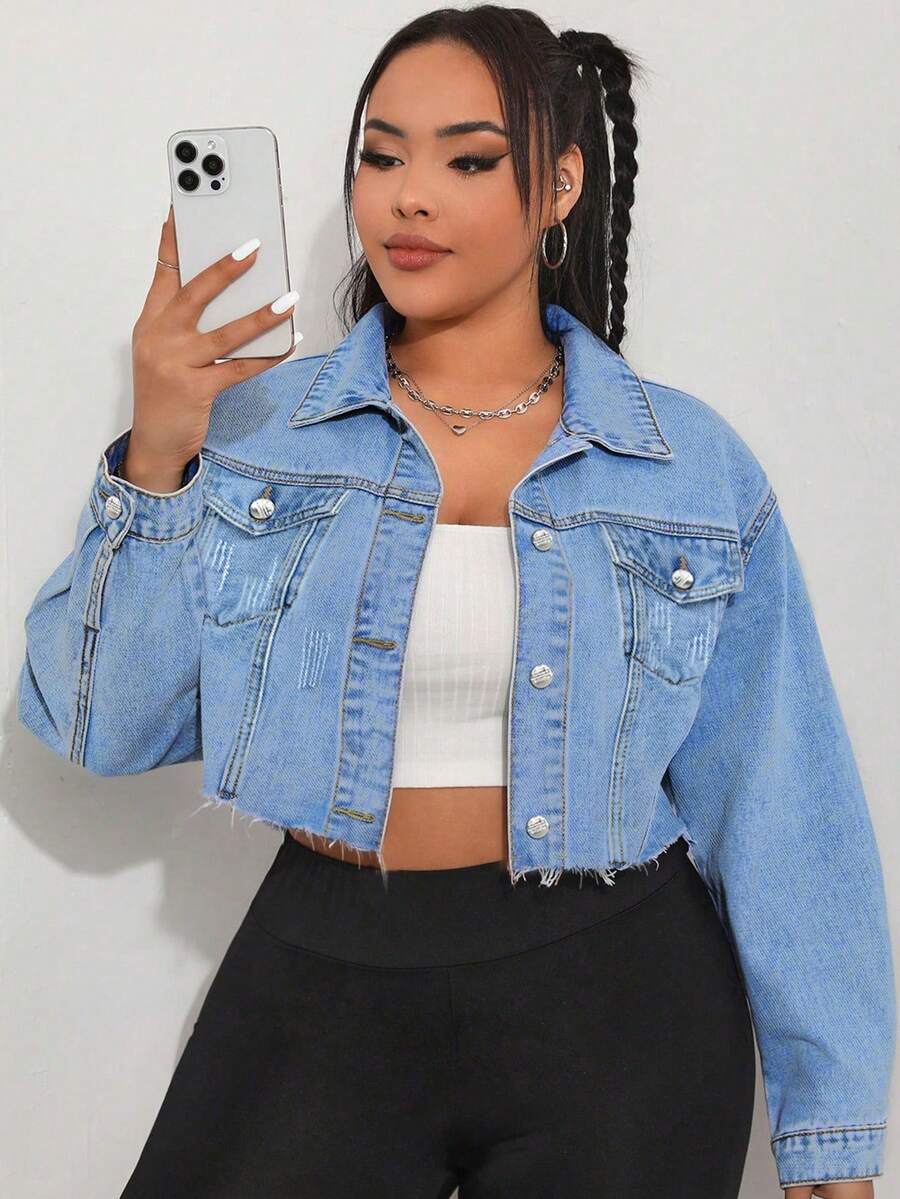 Casual Washed Frayed Hem Cropped Denim Jacket - Light Wash - View 1