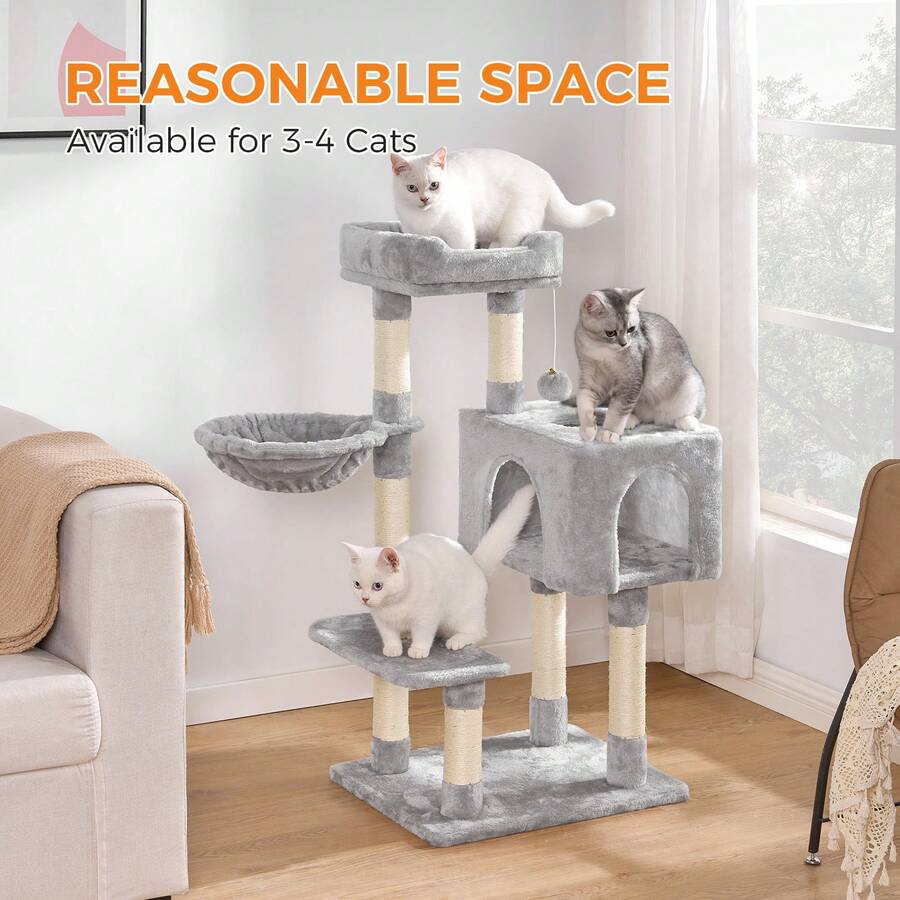 Cat Tree Tower 98cm Multi-Level Cat Climbing Frame With Hammock, Spacious Condo, Removable Bed, Scratching Posts & Toy Ball – Activity Centre For Indoor Cats And Kittens - Light Grey - View 1