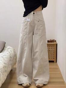 Pantalones vaqueros blancos de estilo vintage americano para mujer, con diseño de cintura alta, estilizados, holgados y rectos, ideales para el invierno. - Blanco - Ver 1