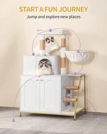 HaluPeit Cat Litter Box Enclosure With Cat Tree, 4-In-1 Modern Cat House With Large Platform, Cat Condo With Sisal Scratching Mat, Posts, Stairs And Pompom, Washable Cushions, White And Gold - White - View 3