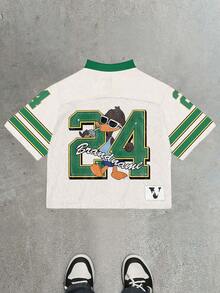 Basketball & American Football inspiriertes, locker sitzendes V-Ausschnitt Kurzarm T-Shirt, Retro sportlicher Hip-Hop Stil Oberteil, geeignet als Geschenk für Ehemann/Freund, Grafik T-Shirt mit Nummer- & Buchstaben-Muster