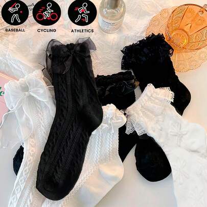 6 双迷人可爱蝴蝶结和褶边设计袜子 - 日本时尚中筒风格 - 柔软舒适的女士丝袜 - 为您的衣柜增添亮丽色彩