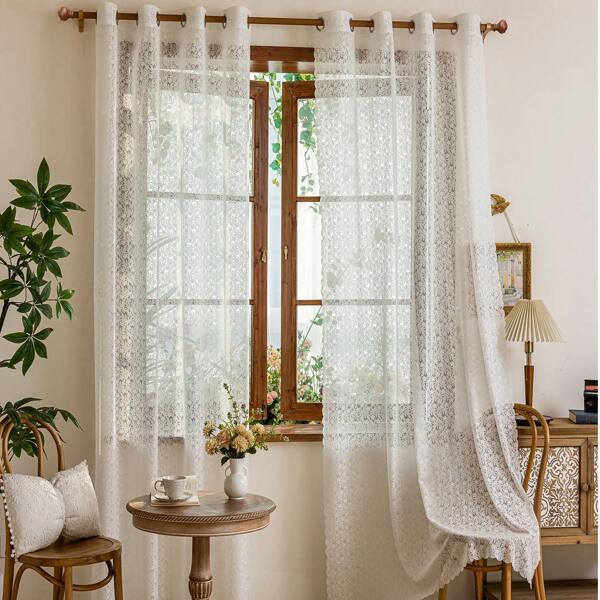 2 piezas, Exquisitas cortinas blancas francesas con hermosas flores, textura floral, diseño perforado, lavable a máquina, adecuado para dormitorios y salas de estar