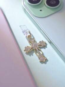 1pc Rhinestone Studded Gold/Silver Cross Shaped Phone Dust Plug, Compatible With Apple/Type-C Charging Port And Earphone Jack - Multicolor - View 8