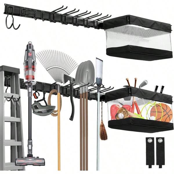 Garage Werkzeugregal Gartenwerkzeug Organizer Rack mit 9 Haken mit 2 Gurten und 1 Stück Stoffkorb verstellbare Metallhaken Yard Shed Organizer Rack Werkzeughalter für Stühle Besen Harke