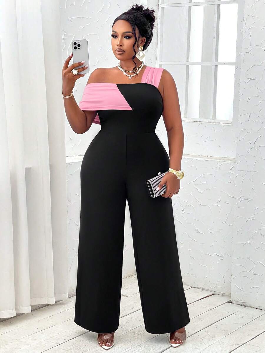 BIUBIU Plus Size Solid Color Strap Jumpsuit, Minimalist Casual Design For Everyday Wear - Black Pink - View 1