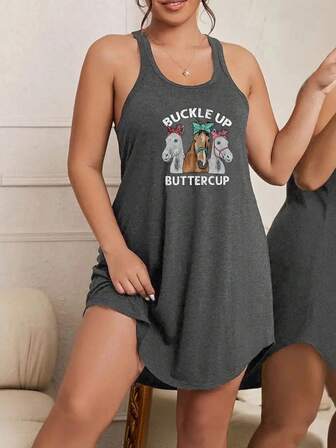 1 pezzo Elegante camicia da notte in tessuto lavorato a maglia con stampa asimmetrica/asimmetrica a forma di lettera, lunghezza metà coscia, abbigliamento da notte estivo