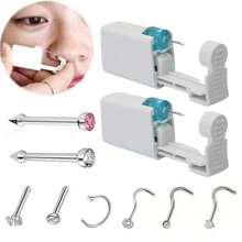 2 pezzi Kit di perforazione nasale monouso con piercing nasali incorporati - Kit di autoperforazione nasale con 6 pezzi di anelli per piercing al naso