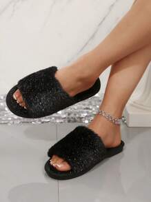 Women's Spring/Autumn Fluffy Furry Slip-On Slippers, Fashion Glitter Strap Open Toe Soft Sole Non-Slip Flat Sandals For Bedroom/Indoor,Gift For Mom, Black/Pink/Grey