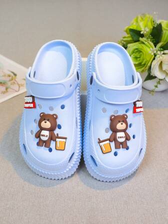 Girl's Chunky Heel Perforated EVA Sandals, 2025 New Cute Cartoon Bear Design, Blue, Non-Slip Breathable Beach Slip-On, Summer