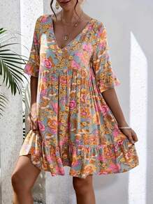 Women's Floral Print V-Neck Casual Vacation Dress