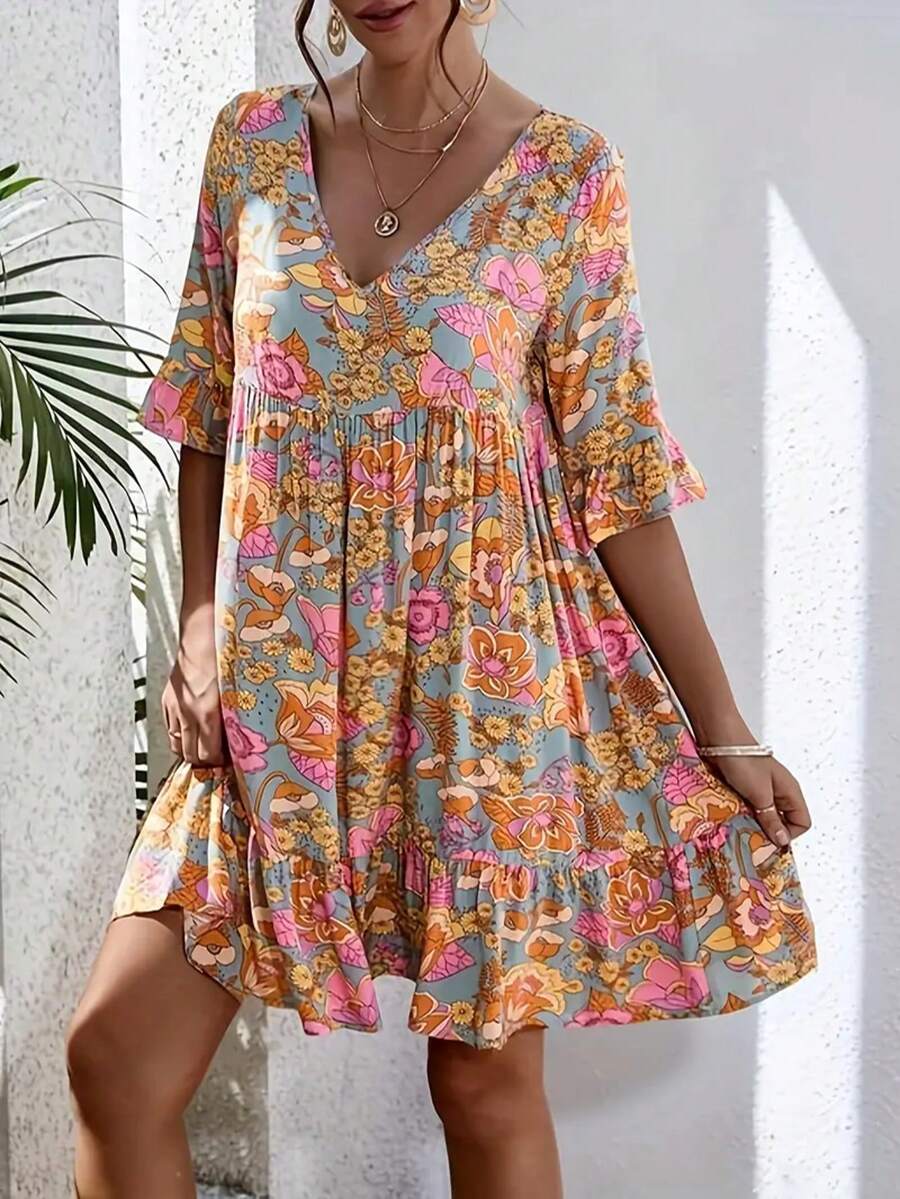 Women's Floral Print V-Neck Casual Vacation Dress