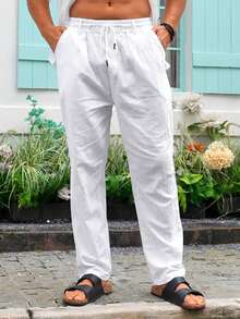 TRFIC Mens Casual Linen Pants Loose Fit Elastic Drawstring Waist Straight-Legs Summer Yoga Beach Long Pants - White - View 2