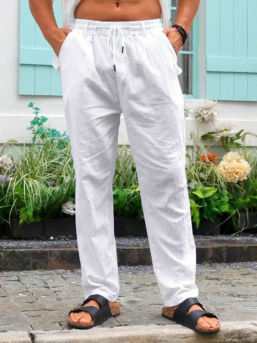 TRFIC Mens Casual Linen Pants Loose Fit Elastic Drawstring Waist Straight-Legs Summer Yoga Beach Long Pants