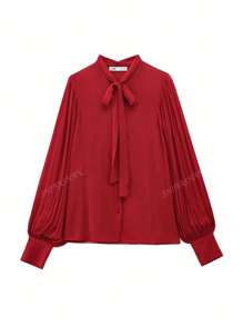 Women's Bowknot Neck Long Sleeves Sheer Chiffon Blouse Elegant Work Business Single Breasted Shirt Top Spring Outfits