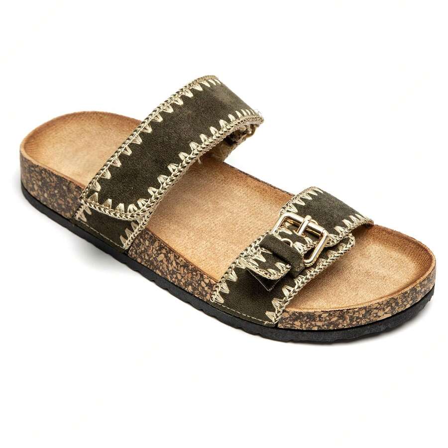 Sandals And Semelle Effet Liège Avec Brides Doubles And Boucle Réglable – Style Bohème Décontracté - Green - View 1