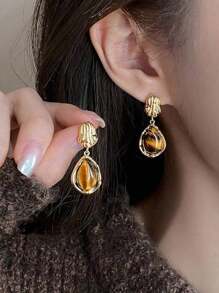 3 Pairs Vintage Brown Resin Tiger Eye Stud Earrings For Women, Colorful Personalized Meraed Jewelry