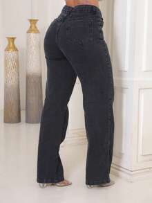 Women's Wide Leg Jeans 100% Premium Thick Fabric Women's Jeans - 燧石 - 查看 3