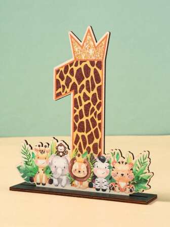 1 件丛林动物风格生日木制摆件，生日礼物派对礼物，丛林动物主题豹子一岁生日派对创意家居木制摆件装饰背景摄影装饰桌面装饰木制摆件，宝贝淋浴派对装饰派对木制工艺品