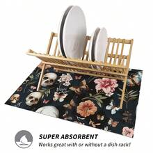 1件万圣节装饰家居装饰，花卉骷髅蝴蝶印花厨房浴室吸水垫，条纹格子设计，水龙头防溅罩和排水垫