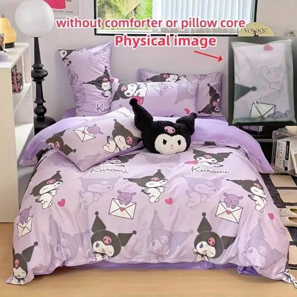 Sanrio Sanrio Theme Kuromi Printed Bedding Set, 3 Pieces - Soft & Durable, Including Duvet Cover And 2 Pillowcases - Cute Cartoon Pattern, Create A Cozy Bedroom