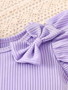 2pcs Infant Girls' Casual Bow Knit Top And Sunflower Printed Shorts Set - Purple - View 5