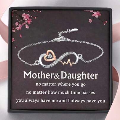 1pc Mother & Daughter Infinity Heartbeat Bracelet With Card And Box Gift, Mother Day Gift, Birthday Gift, Christmas Gift