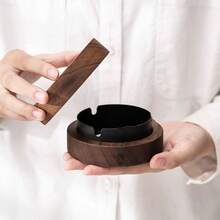 1 Acacia Wood Walnut Colored Solid Wood Ashtray With Wooden Cover For Home Living Room, Anti Fly Ash Creative Office, Round Wood Design - Multicolor - View 8