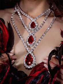 Sparkling Crystal Layered Pendant Necklace, Suitable For Party And Clubbing Occasions - Red - View 1